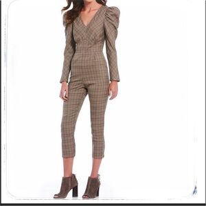 Anthropologie Sugar Lips plaid jumpsuit puff sleeves
